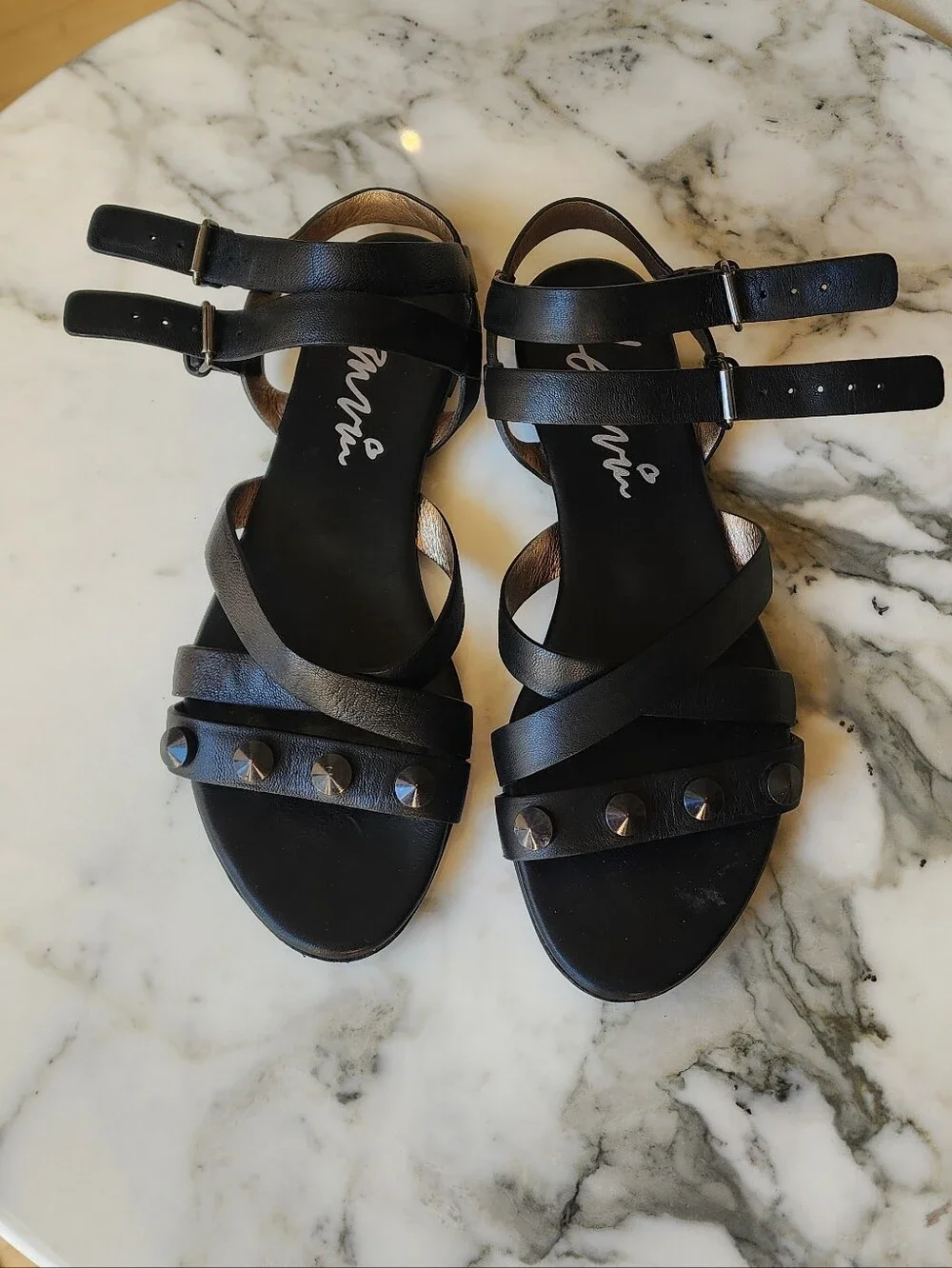 Lanvin Black Leather Studded Strappy Sandals with Ankle Buckles Size 37